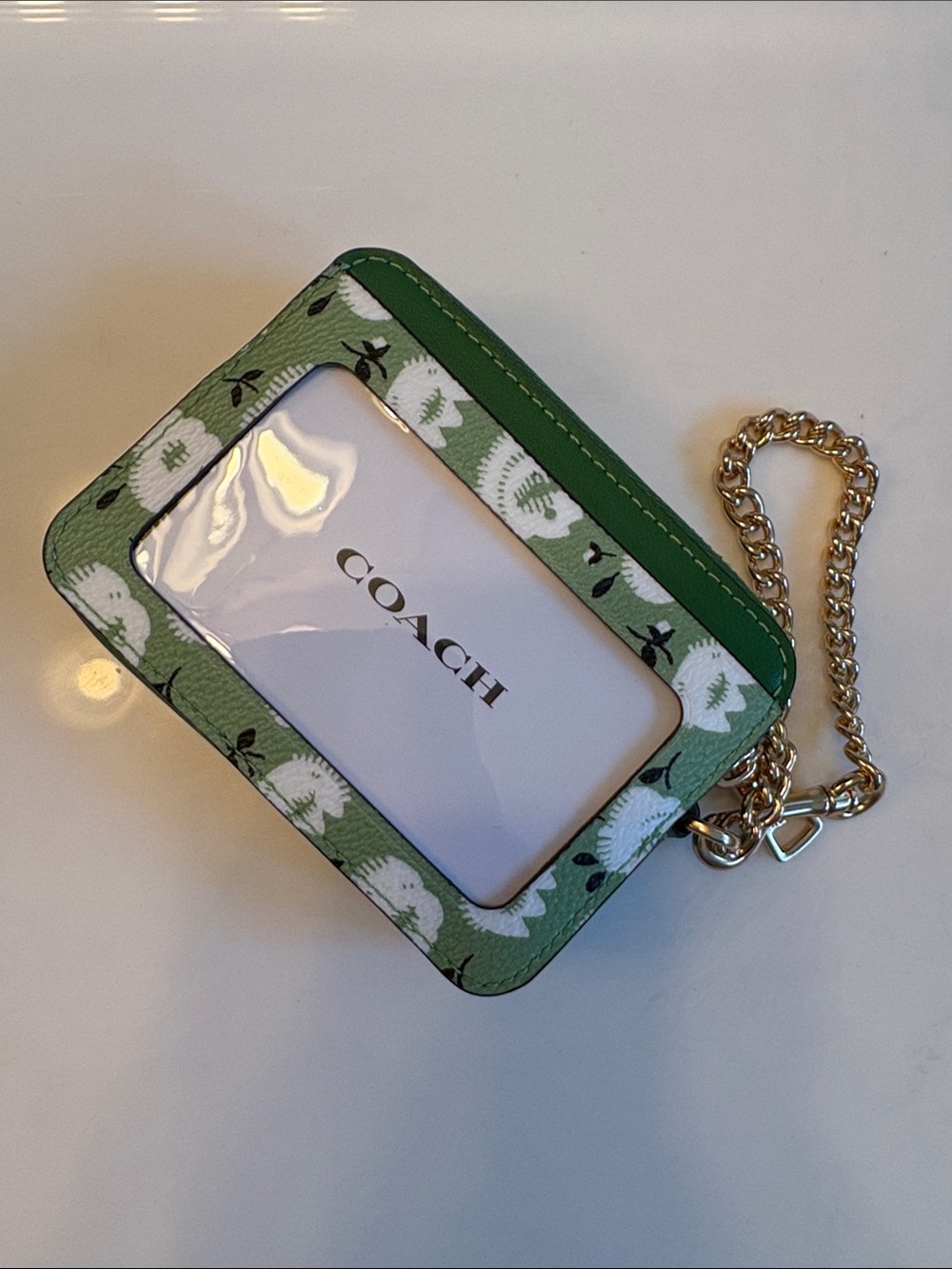 Coach Green Floral Card Holder with Gold Chain - Picture 2 of 6